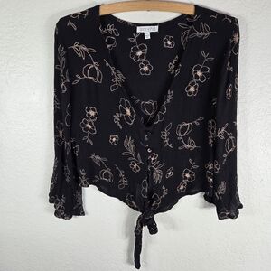 Patrons of Peace Black Sz XS Cropped Top Blouse Long Sleeve Boho Tie Front